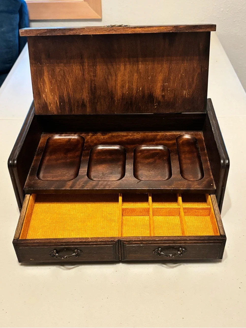 Vintage Wooden Jewelry Box with Nautical Sailing Ship Battle Scene Print on lid